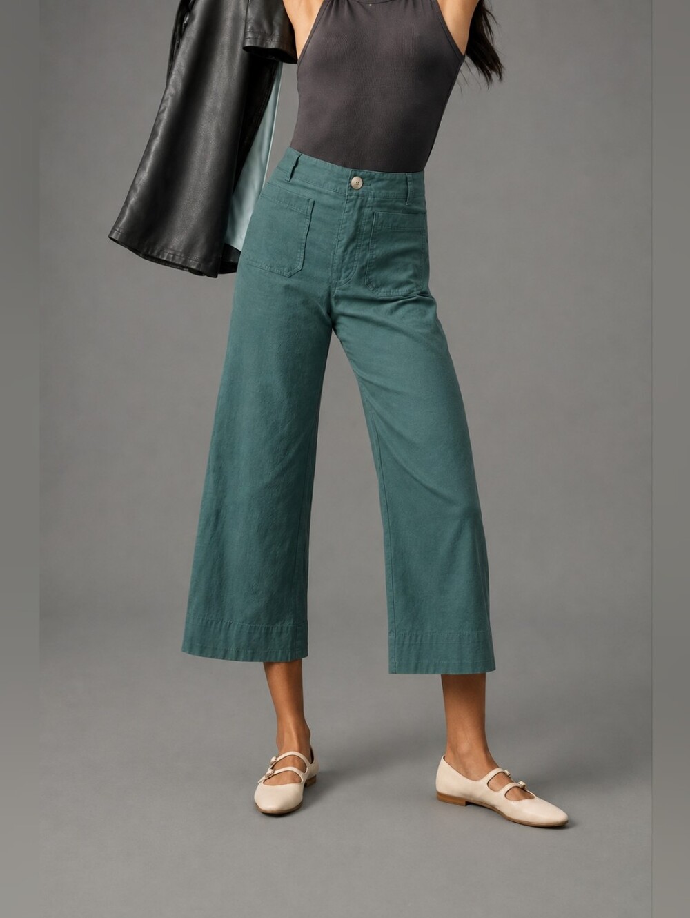 Maeve Muted Emerald Green Colette High Waisted Wide-Leg Trousers 28